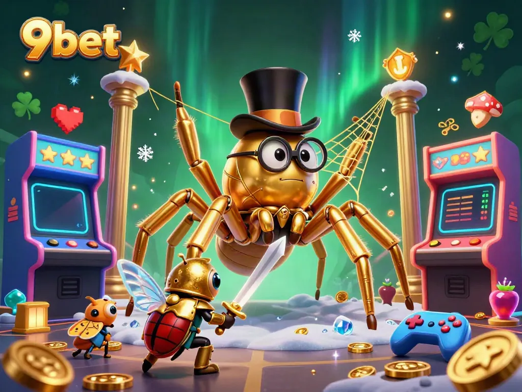 Engage with exciting games like 9bet, surrounded by colorful elements in a vibrant casino scene.
