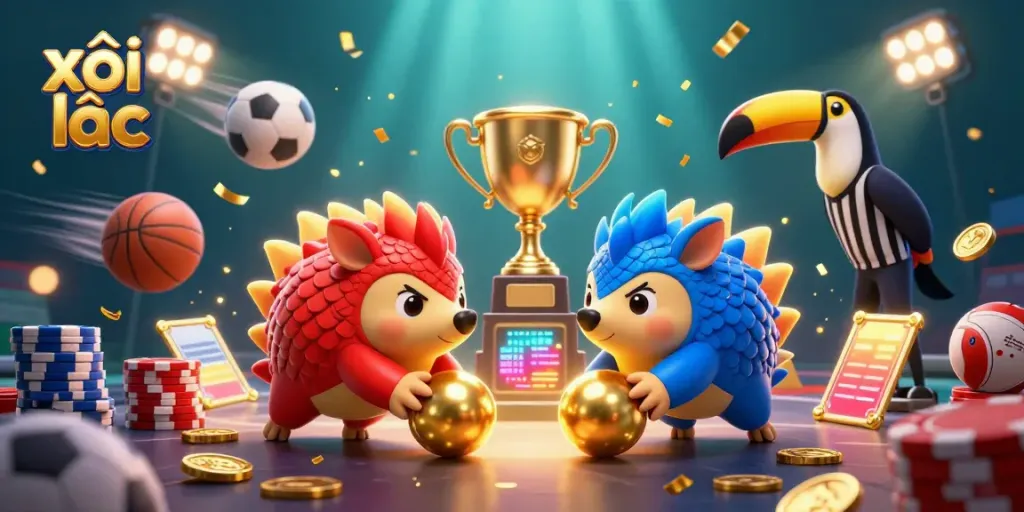 Experience xôi lạc as rival pangolins engage in dynamic gaming, at a vibrant casino backdrop filled with sports elements.