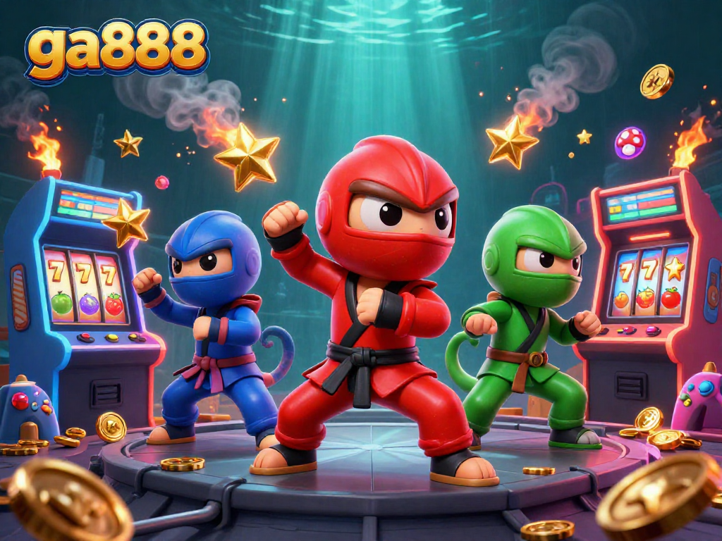 Experience ga888's thrilling slots with chameleon ninjas showcasing lucky symbols in a vibrant scene.