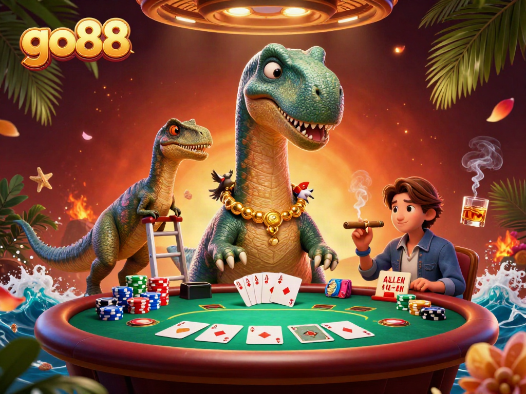 Go88 immersive gaming scene with a brontosaurus dealer, raptor card player, and vibrant casino elements.