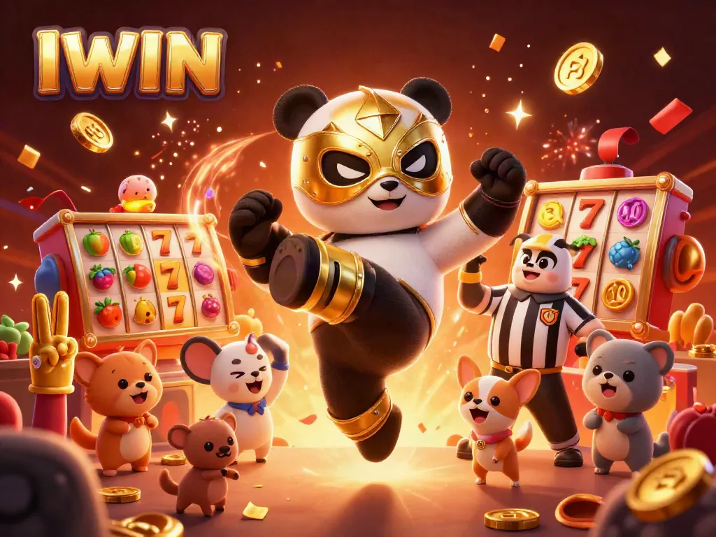 IWIN brings excitement with a playful panda wrestler and festive casino elements in a vibrant gaming celebration.