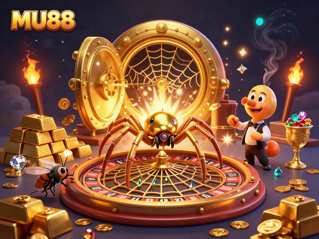 Experience the thrilling atmosphere at MU88 with a vibrant casino illustration showcasing a roulette wheel and excited players.