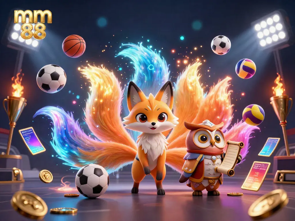 Engage with the exciting world of mm 88 in a vibrant 3D illustration filled with dynamic sports elements and animated characters.