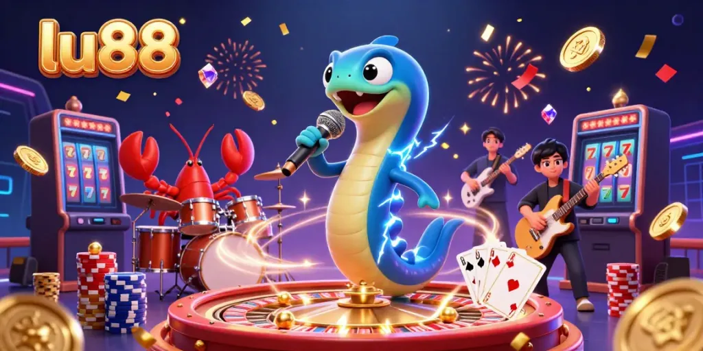Experience the fun at lu88's underwater casino, featuring a DJ eel, lobster drummer, and seahorse guitarist.