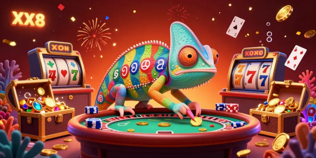 Experience gaming excitement with XX8, featuring a colorful chameleon owner and lively casino elements.