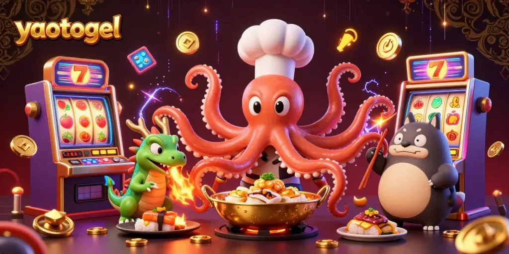 Experience the excitement of yaotogel with colorful slot machines, a sushi chef octopus, and playful casino elements.