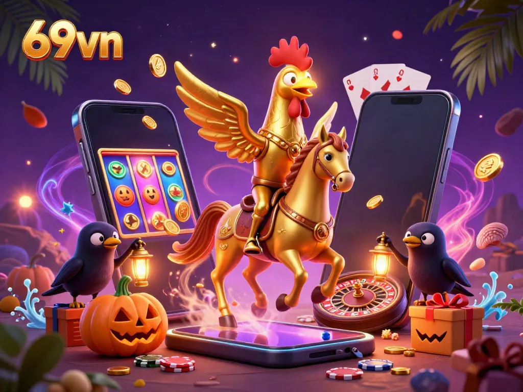 Experience the vibrant casino excitement at 69vn with golden rooster characters amidst slot games and rich visuals.