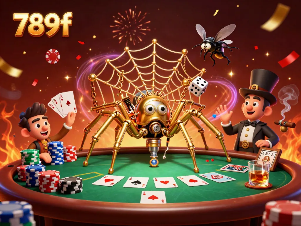 Immerse in 789f's dynamic casino world, featuring a golden spider crafting a web of poker and festive elements.