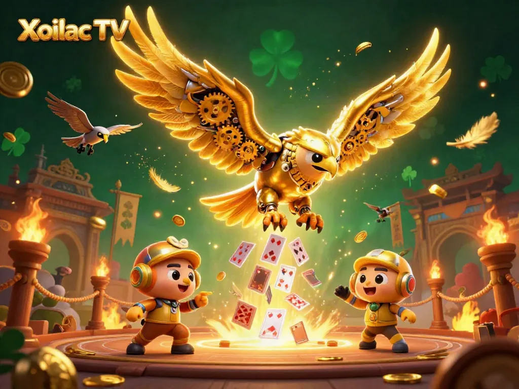Xoilac TV presents an action-packed scene featuring a golden eagle and holographic playing cards in a vibrant gambling arena.