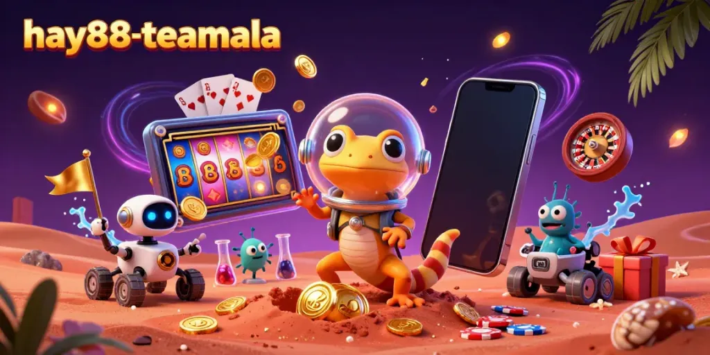 Join the Martian gecko as it uncovers a golden casino while the tiny alien bacteria cheer, representing hay88-teamala.