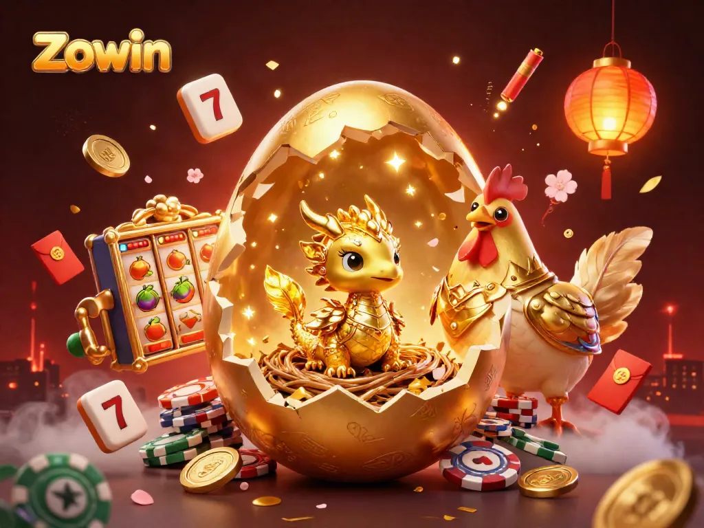 Experience Zowin's thrilling casino magic with golden dragon and poker nest illustration.