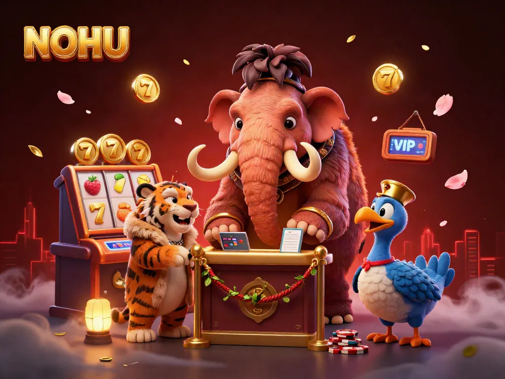 NOHU features a vibrant casino scene with characters and slot game elements, creating excitement.
