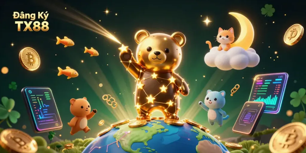 Experience Đăng Ký TX88 with a vibrant 3D illustration of golden stars, crypto coins, and dynamic gaming elements.