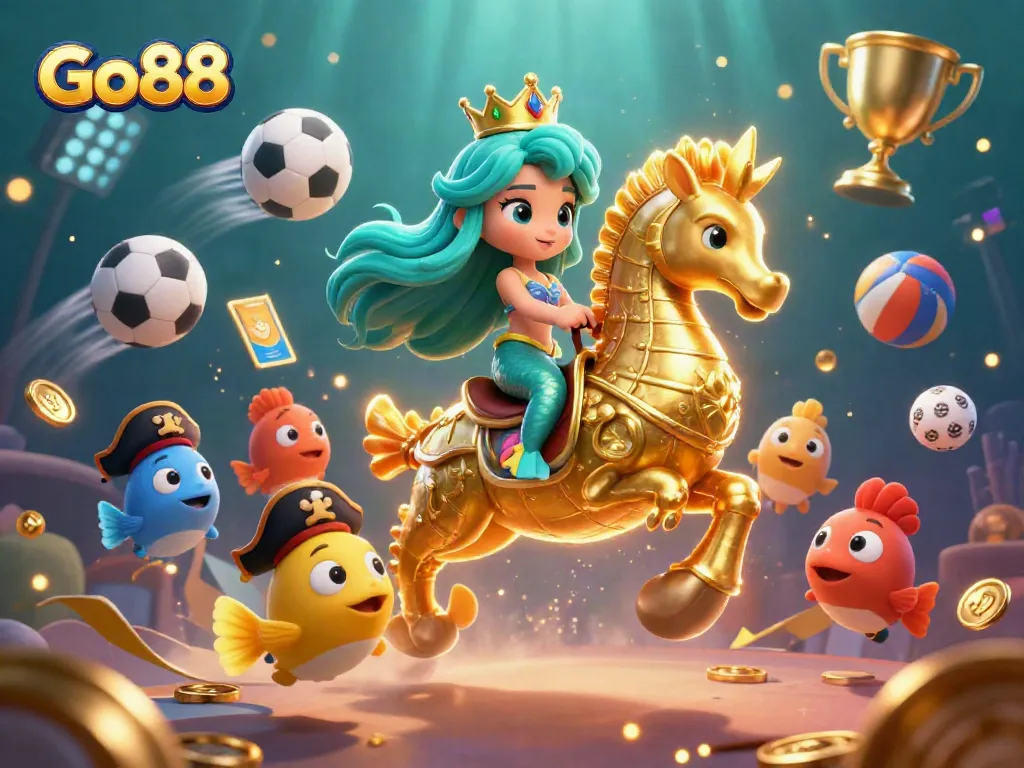 Win big at Go88 with thrilling adventures accompanied by a mythical mermaid and her magical seahorse in a vibrant underwater casino.