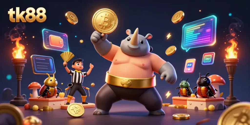 tk88 thrills as a cartoon rhinoceros beetle sumo champion stomps gold coins, showcasing dynamic casino energy.