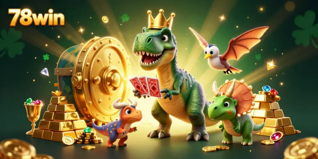 Engage with 78win's card game scene featuring a friendly T-Rex and animated elements, showcasing a dynamic gambling atmosphere.