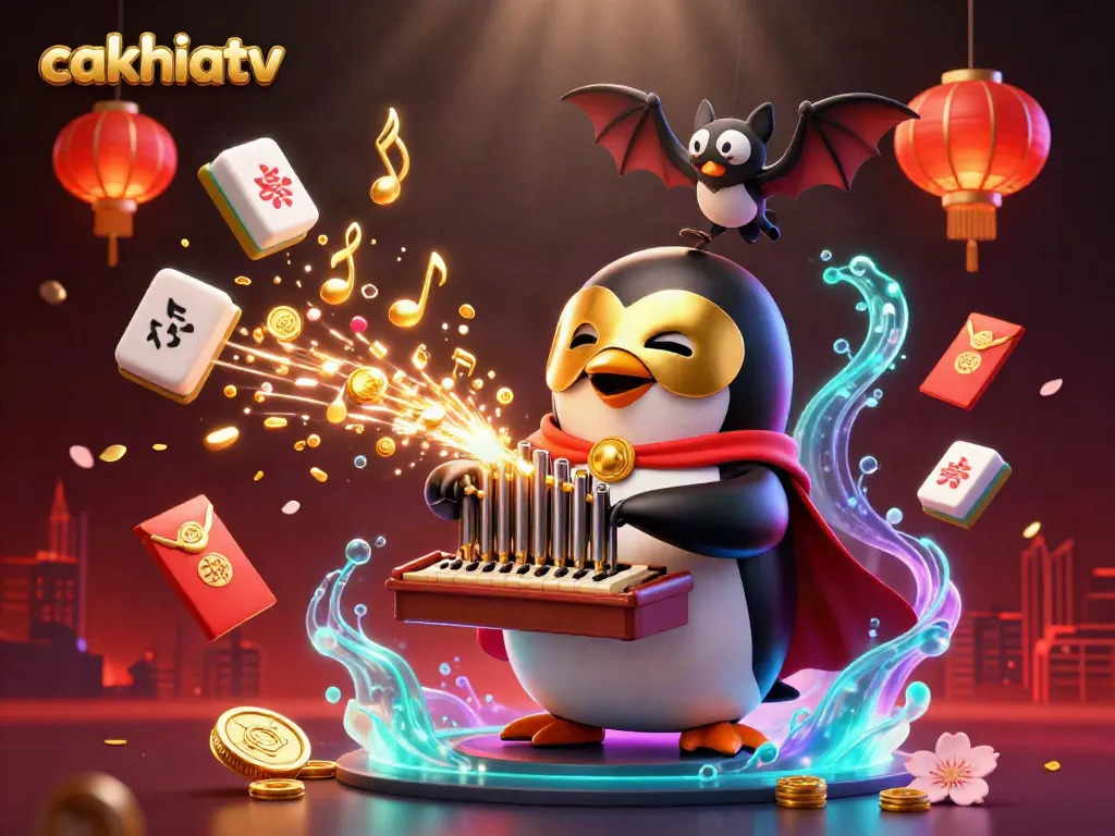 Experience the thrilling energy of cakhiatv with a vibrant 3D illustration featuring a penguin playing a golden pipe organ surrounded by dynamic casino elements.