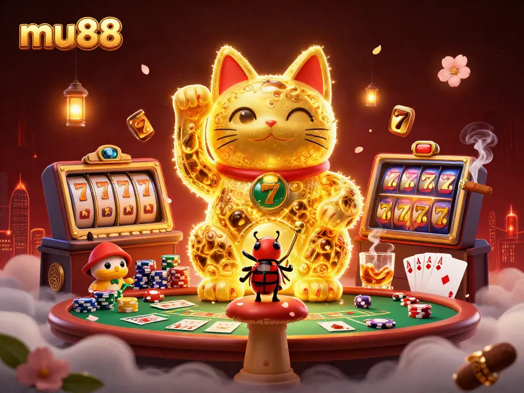 Play and win big with mu88's vibrant online casino experience, featuring a golden lucky cat and casino elements.