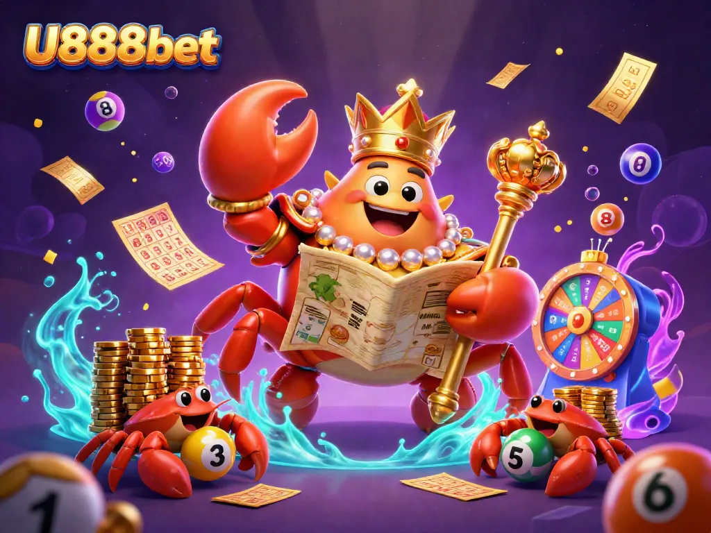 Engage in exciting gameplay with U888bet's vibrant casino scene featuring a crab emperor and golden treasures.
