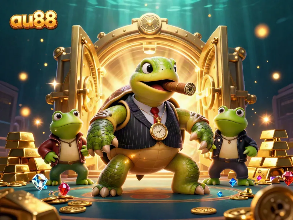 Experience the excitement of au88 with a turtle in a mobster suit amidst casino treasures.