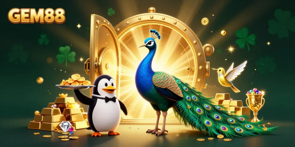 Experience the excitement of GEM88 with a lively casino scene featuring a peacock, penguin, and hummingbird surrounded by treasures.