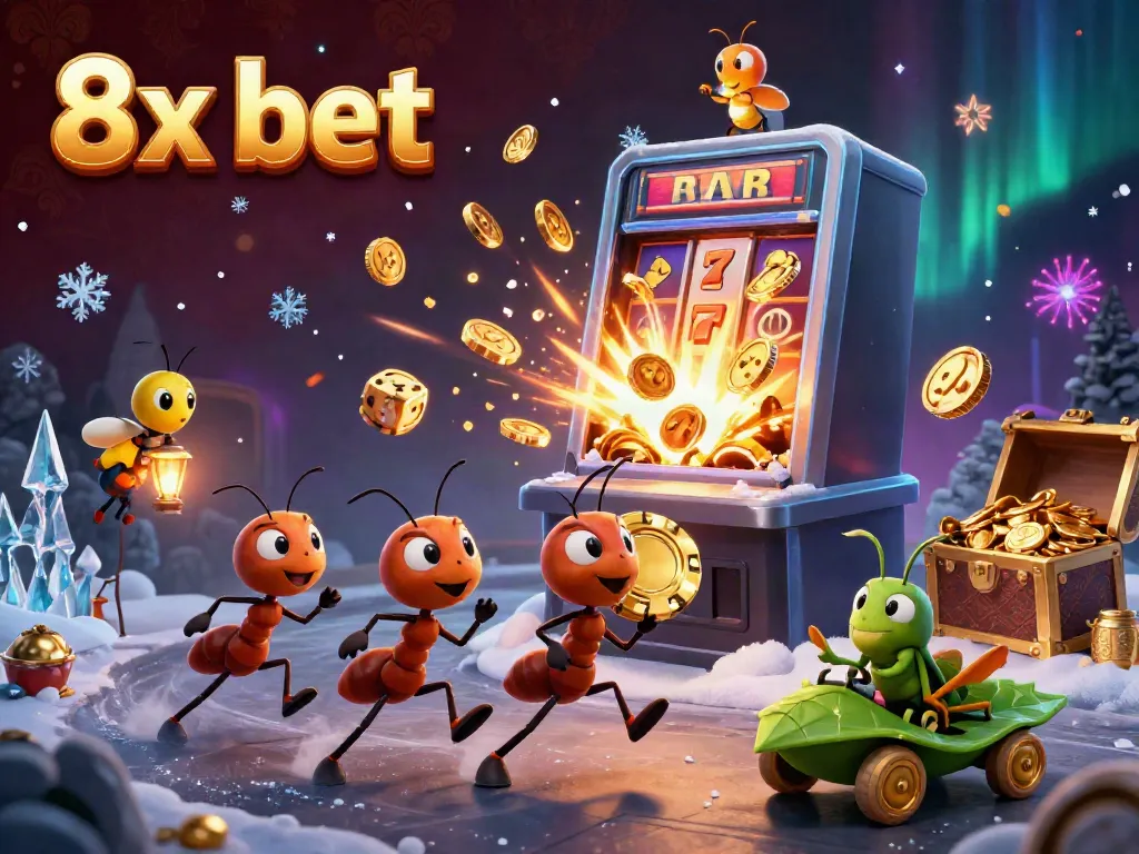 Experience the thrill of 8x bet as cartoon ants carry a giant poker chip through a dazzling casino scene.