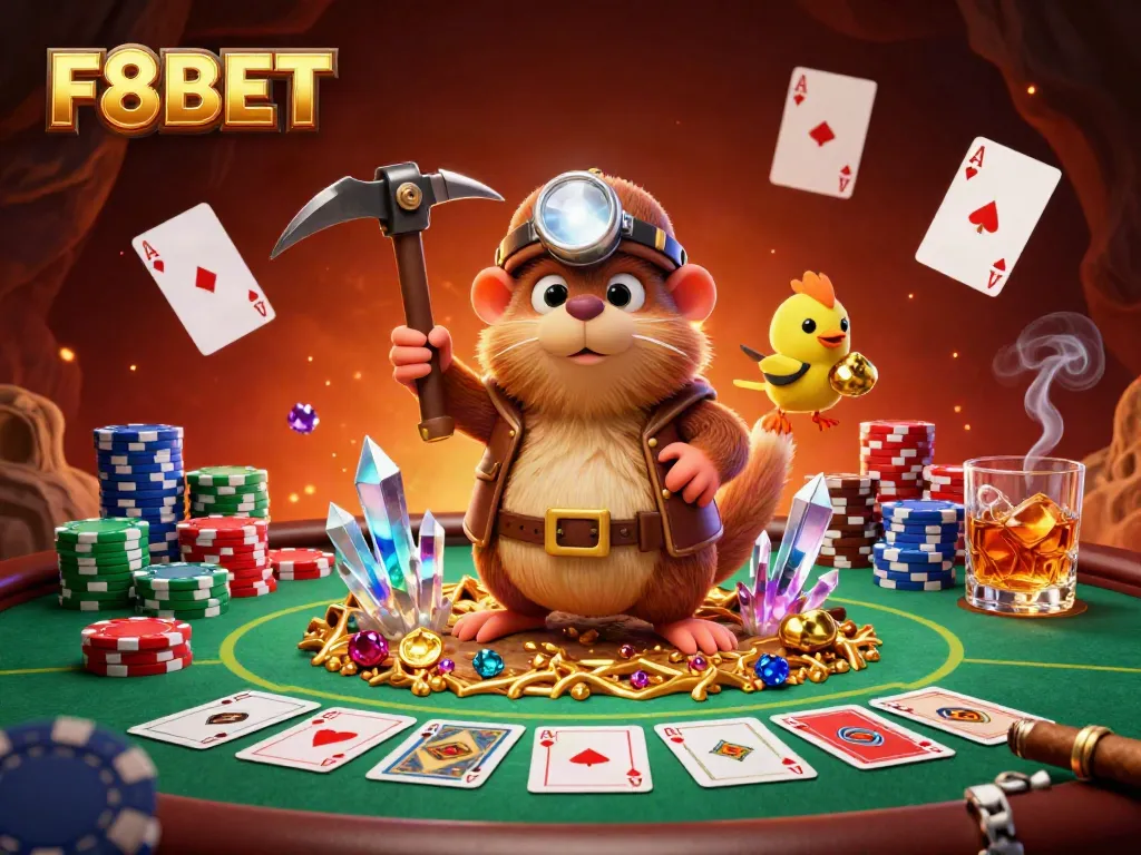 F8BET showcases a vibrant 3D scene with a treasure hunter mole and elements of poker.