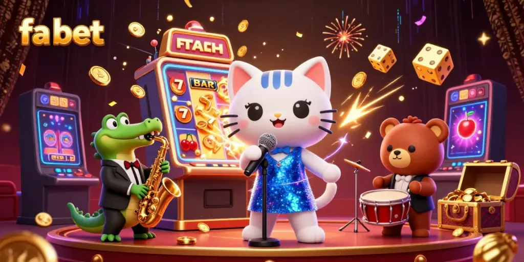 Experience thrilling moments with fa bet in a vibrant 3D casino scene featuring lively characters and jackpot elements.