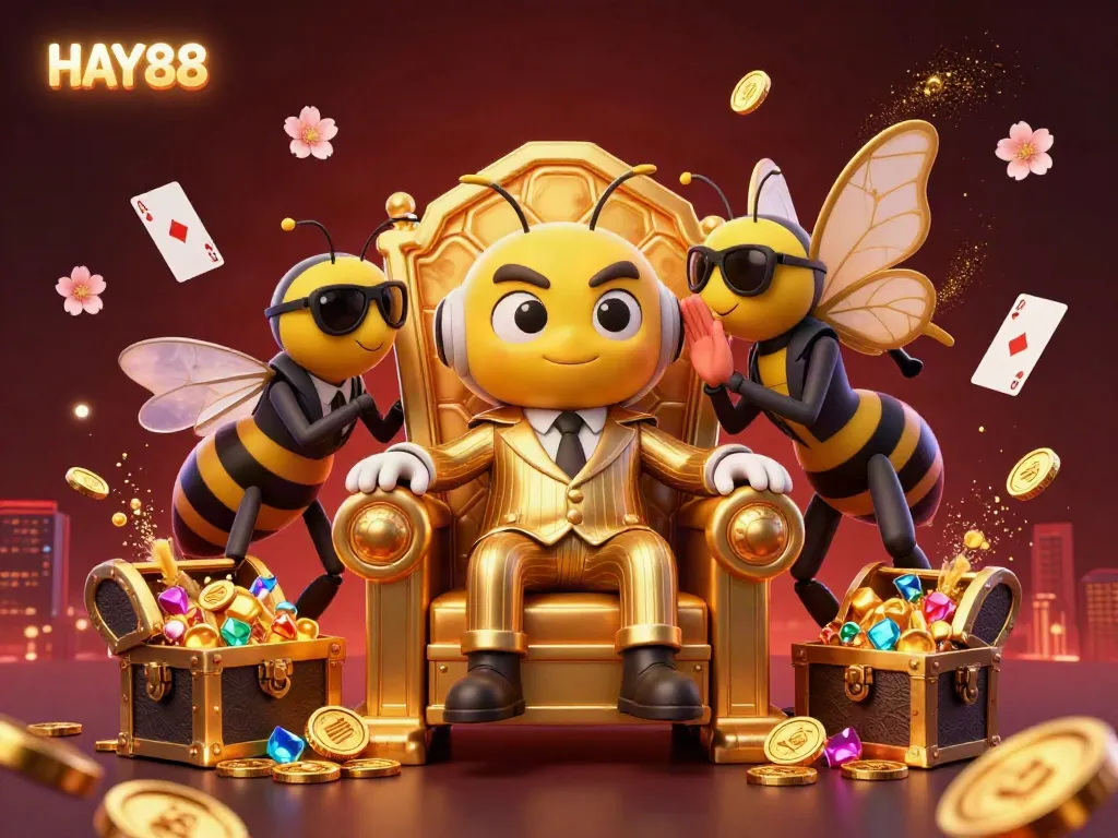 Engage in the vibrant world of HAY88 with a whimsical 3D illustration showcasing a bumblebee mob boss in a treasure-filled scene.