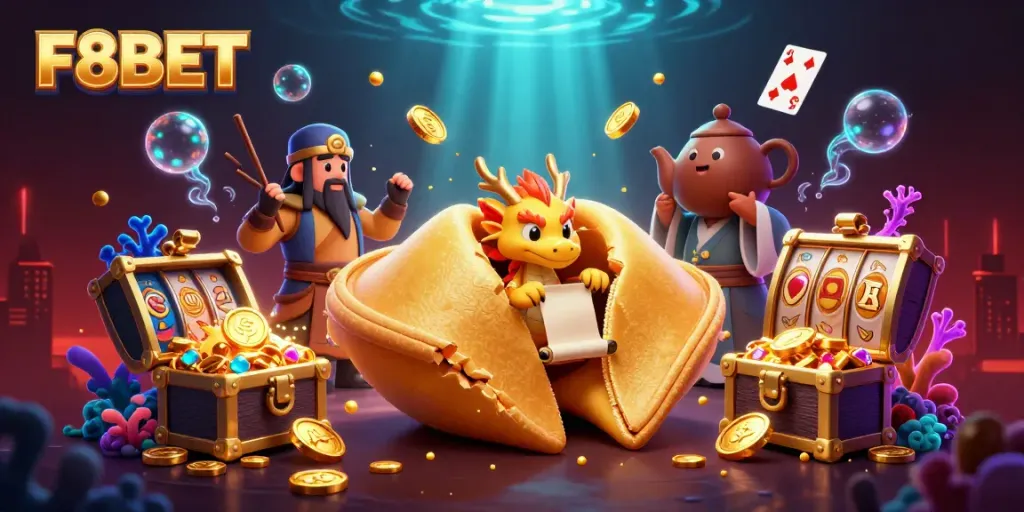 F8BET offers a vibrant casino atmosphere with a golden fortune cookie and playful characters enjoying an underwater jackpot.