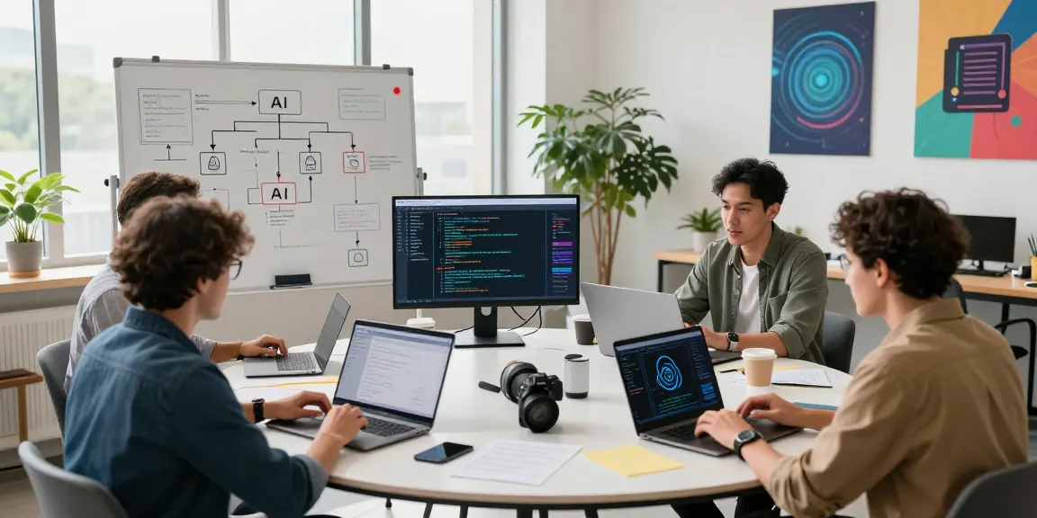 Team collaborating on AI automation project in modern office with tech gadgets.