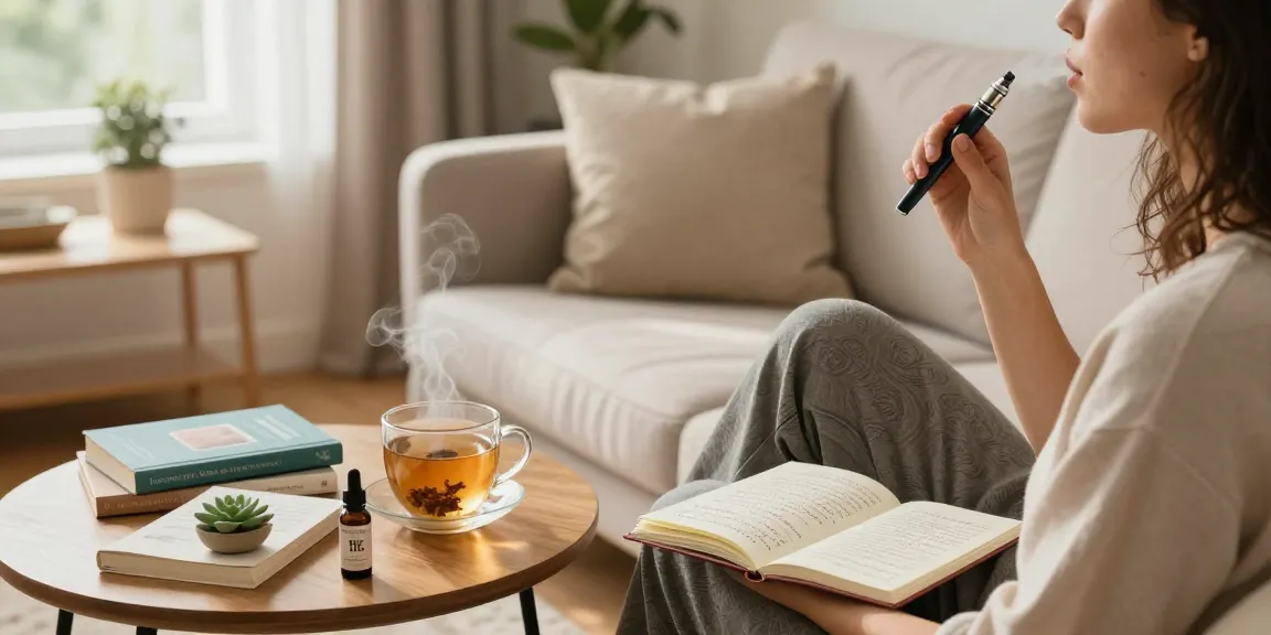 THC vape juice integrated in a cozy wellness routine with organic herbs, creating a peaceful atmosphere for relaxation.