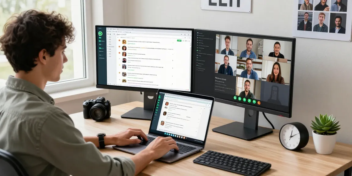 Engaging with WhatsApp電腦版 in a vibrant modern office workspace.