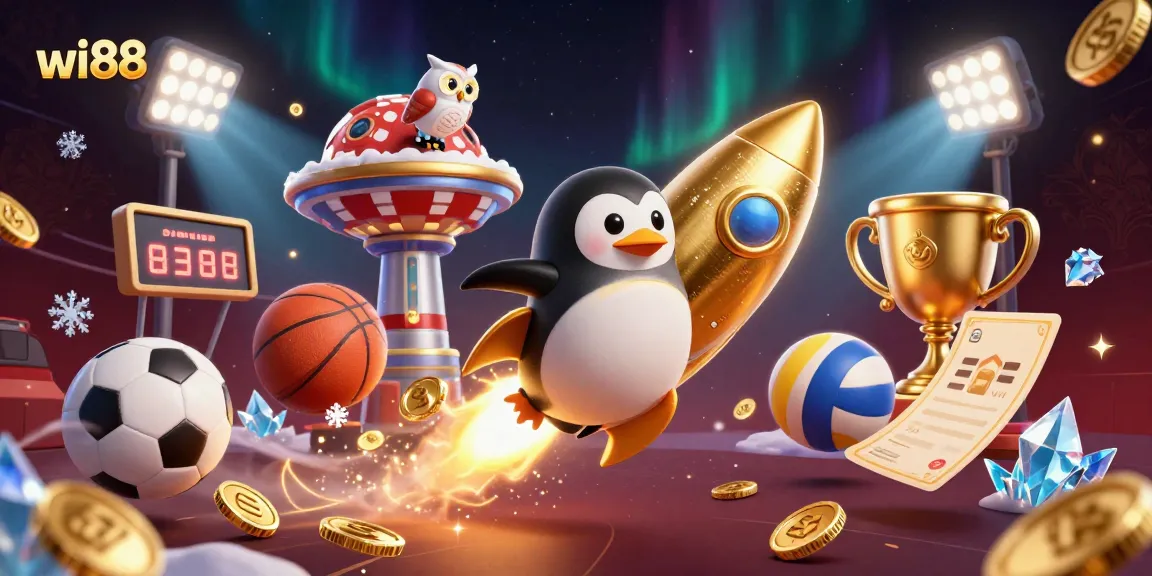 Experience thrilling betting with wi88's vibrant casino illustration featuring a golden penguin and dynamic sports elements.