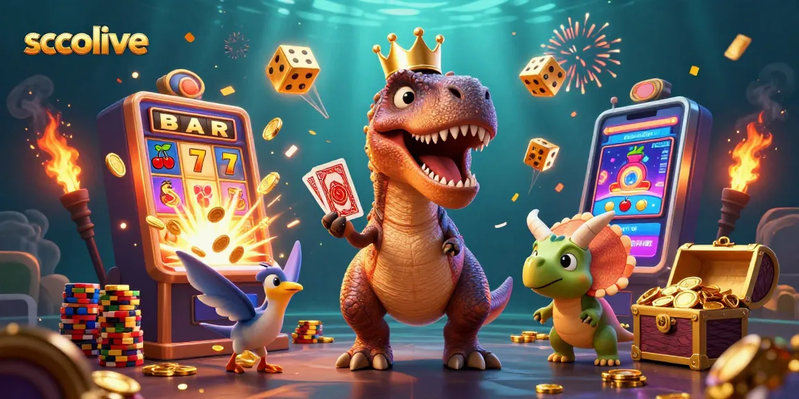 Socolive platform offers dynamic casino excitement with a T-Rex managing cards and a colorful jackpot scene.