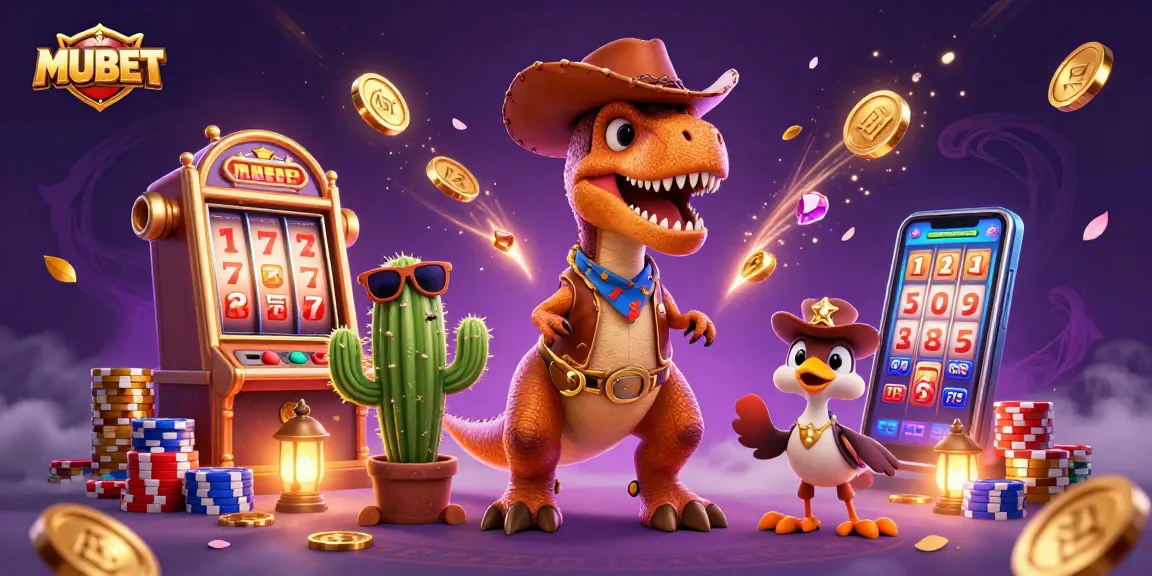 MUBET captivating slots scene featuring a T-Rex cowboy and friends amid coins and poker chips.