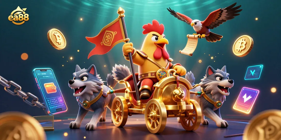 Engage in thrilling gameplay at ea88 with a dynamic 3D rooster warlord scene, showcasing crypto coins.