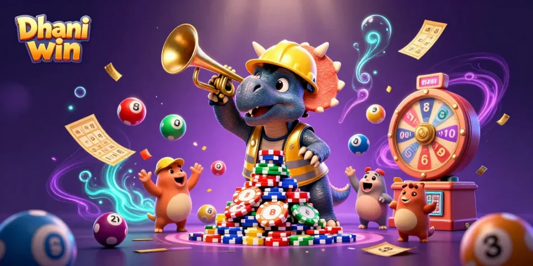 A vibrant 3D scene of Dhani win with a triceratops building poker chips amid bouncing lottery balls and golden rewards.