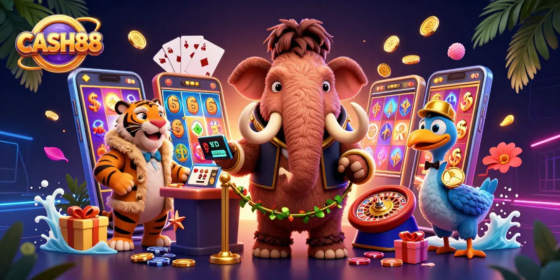 CASH88 welcomes players with a vibrant scene of luxurious gaming featuring a woolly mammoth bouncer and VIP guests.