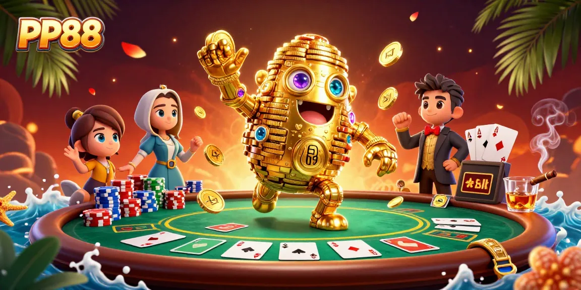 Engage in thrilling gameplay at PP88 with a dynamic 3D casino scene showcasing poker excitement.