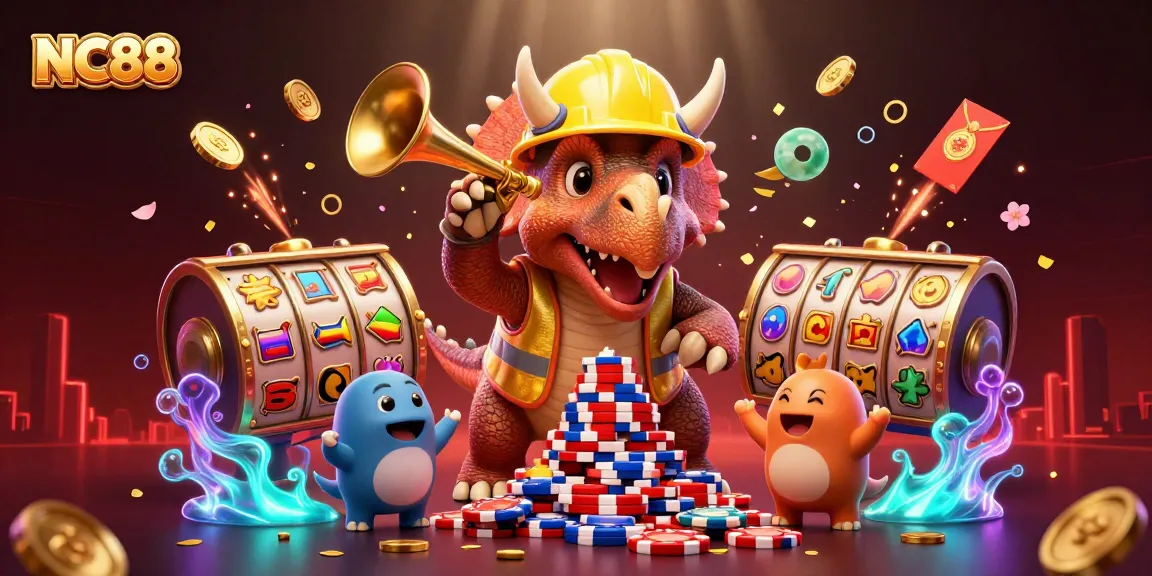 Celebrate gaming at NC88 with a fun 3D illustration of cartoon dinosaurs in a vibrant casino setting.