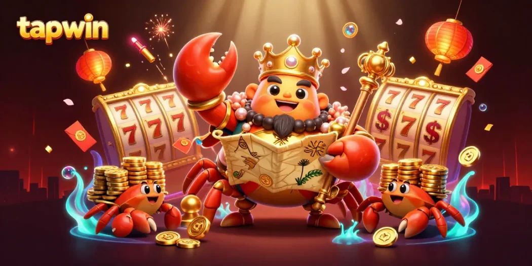 Play tapwin and explore a vibrant world of slots with a golden crab emperor amid exciting game elements.