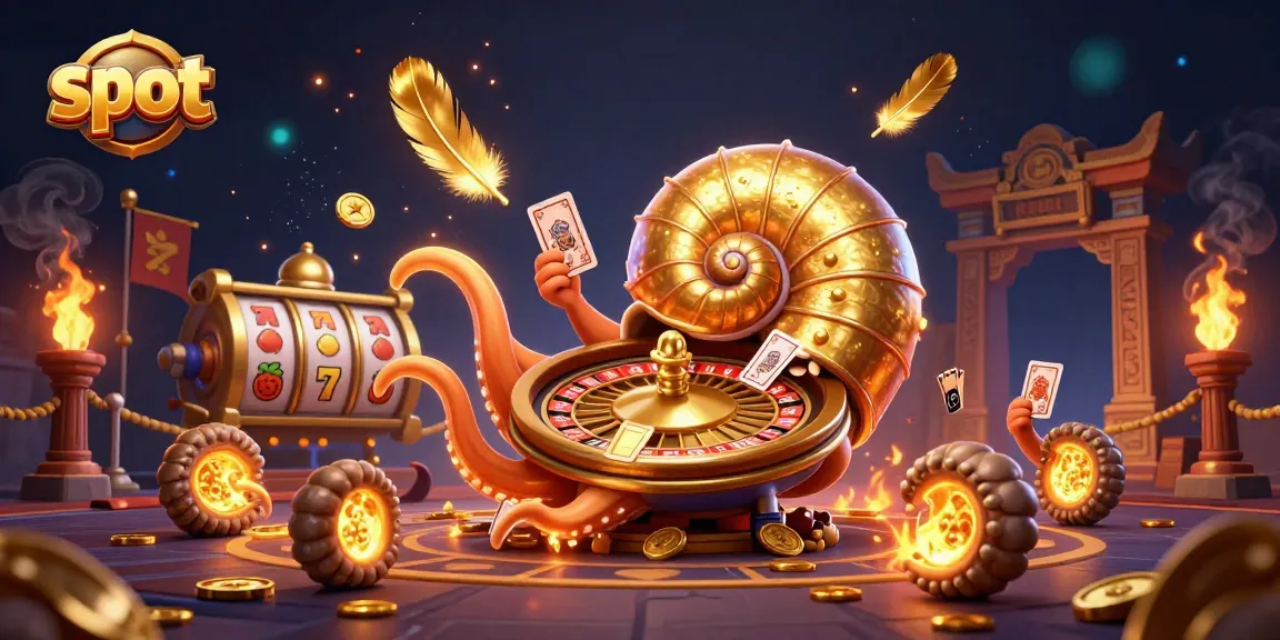 Play exciting slot games with the 3D cartoon nautilus and card displays in a vibrant casino scene.