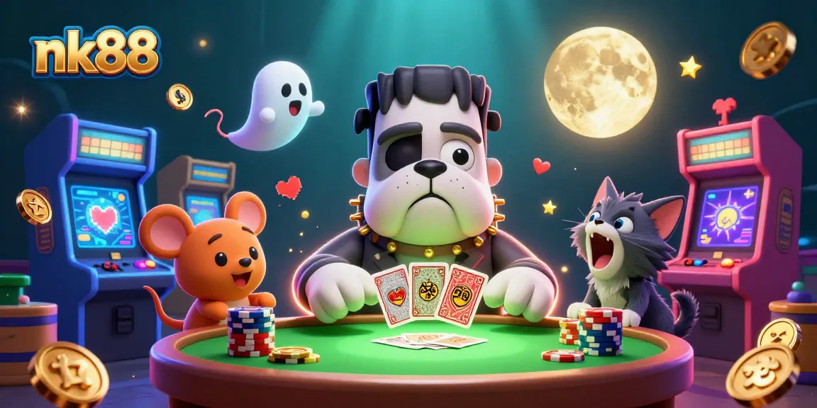 Experience thrilling card games at nk88 with a unique animated scene including a playful bulldog dealer.