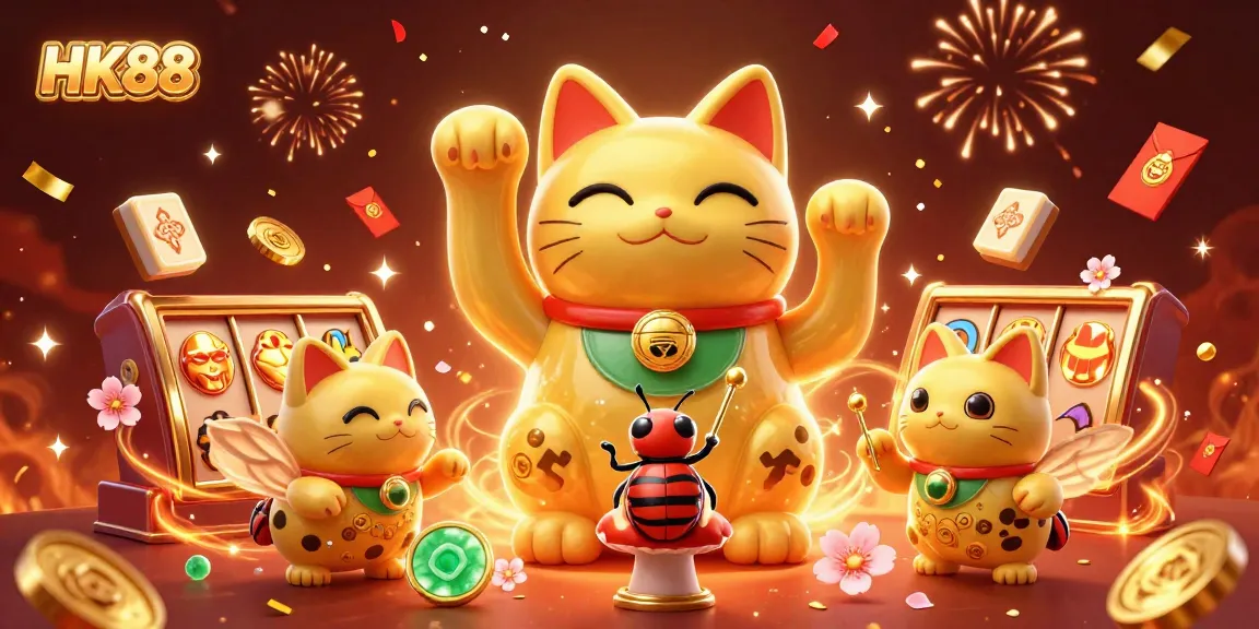Engage with HK88's vibrant casino experience featuring lucky cat symbols and festive elements.