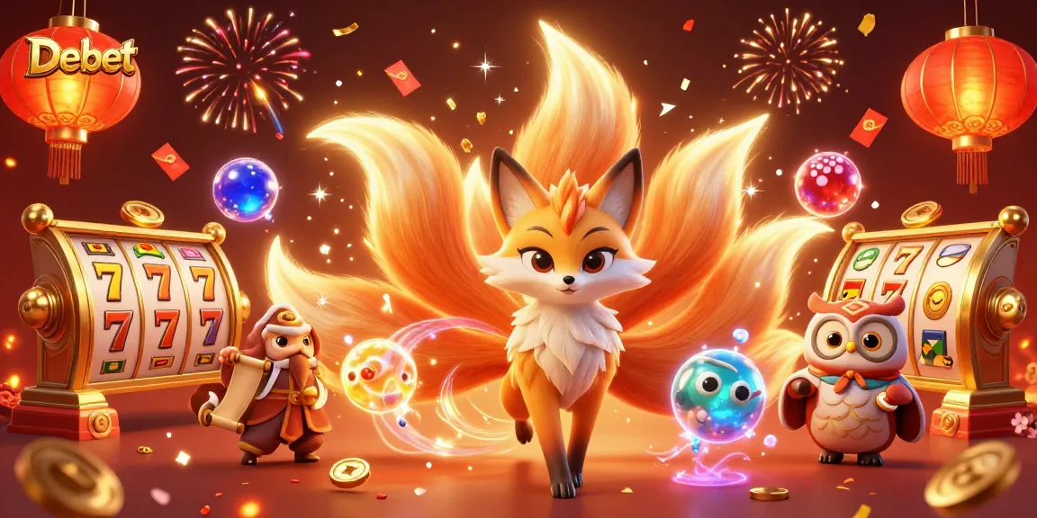 Experience the vibrant energy of Debet with a colorful scene featuring a nine-tailed fox and interactive slot reels.