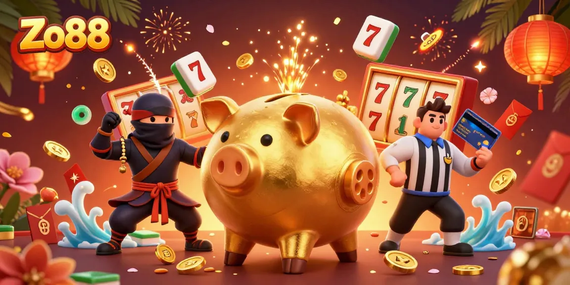 Engage with the thrill of Zo88 in this vibrant 3D casino scene illustrating exciting slot play.