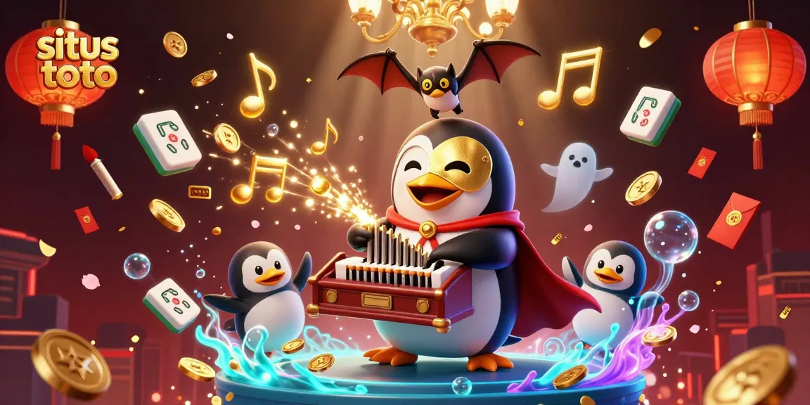 A 3D cartoon penguin in a golden mask plays organ, releasing golden coins amidst festive elements at situs toto.