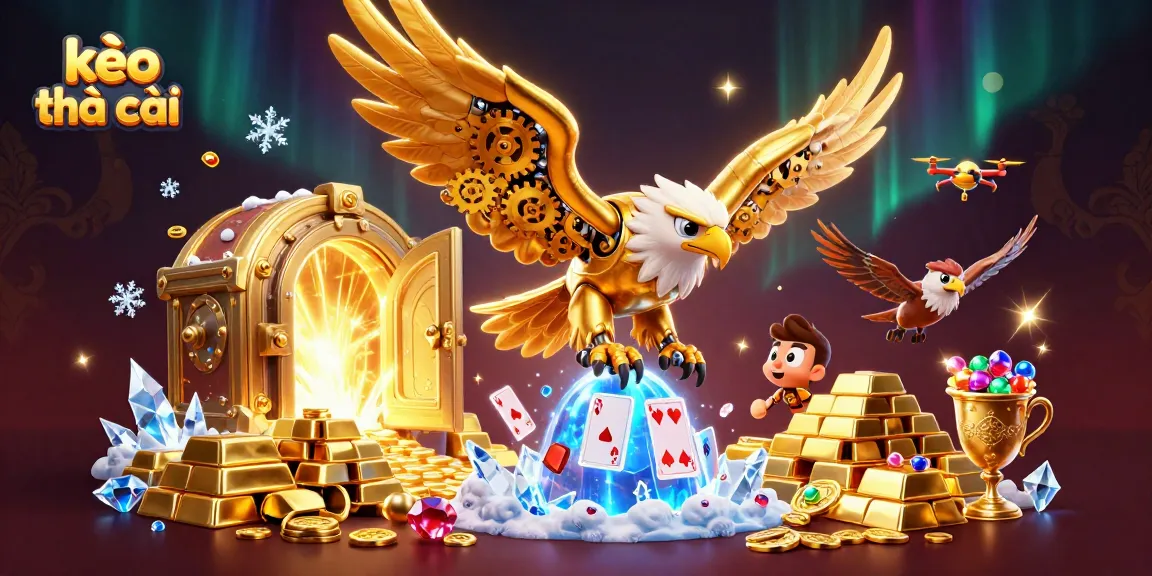 Engage in kèo nhà cái betting with vibrant 3D casino-themed illustration of a golden eagle and holographic cards.