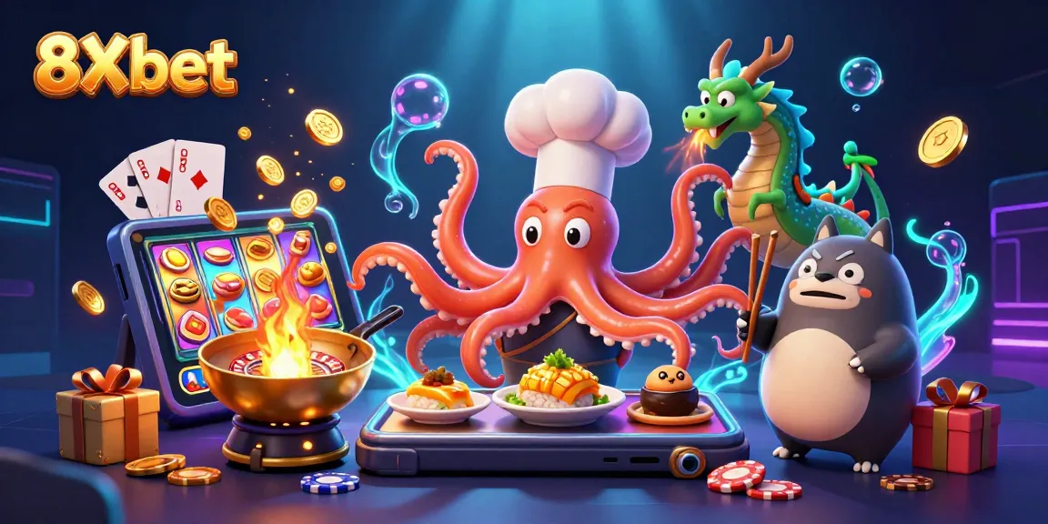 Engage with 8Xbet’s thrilling casino atmosphere featuring a vibrant octopus chef, fiery dragon, and dynamic gambling elements.
